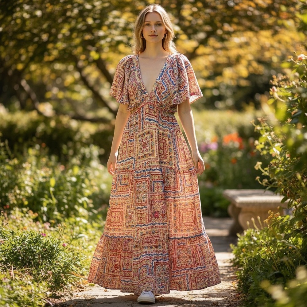 Lalavon Maxi Dress Womens Size S Multi Color Boho Tiered Flutter Sleeve ILD3831